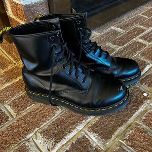 Dr. Martens Black Leather Lace Up Boots Yellow Stitch - Women EU 39 US 8.5
